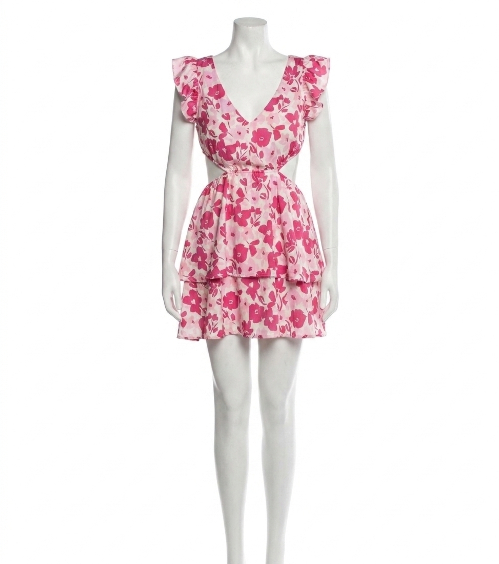 NEW PEACH LOVE flora ruffled dress in ivory/fuschia multi